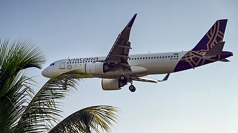 A Vistara aircraft prepares for landing at the Trivandrum International Airport, Monday, Nov. 11, 2024.