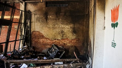 Charred remains of commodities at BJP leader and Manipur minister Govindas Konthoujam's residence, which was set on fire by some miscreants, at Ningthoukhong in Bishnupur district, Monday, Nov. 18, 2024.