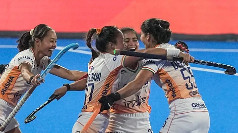 India's Deepika celebrates with teammates after scoring a goal during the Women's Asian Champions Trophy 2024 final hockey match between India and China, at Rajgir, in Nalanda district, Bihar, Wednesday, Nov. 20, 2024.