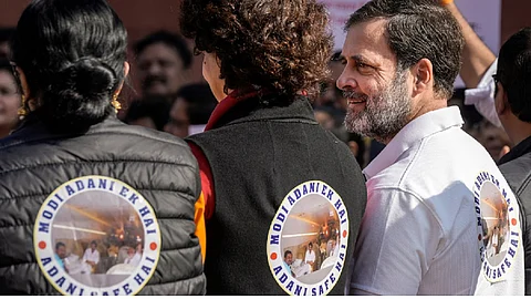 INDIA bloc MPs protest over Adani issue in Parliament, wear jackets reading '??Modi Adani Ek Hai'