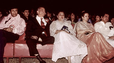 Legendary actor-filmmaker Raj Kapoor, second left, with his wife Krishna Raj Kapoor, centre, and actors Dev Anand, left, Saira Banu, second right and Dilip Kumar, right.