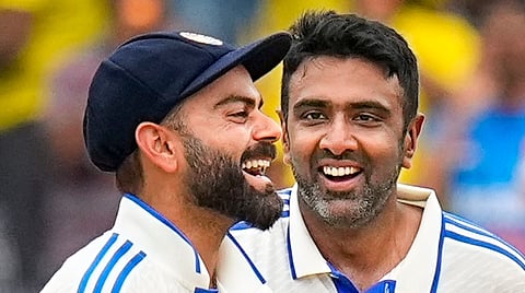 In this Saturday, March 6, 2021 file image, Indian captain Virat Kohli and bowler R Ashwin celebrate the team's victory over England in the 4th and final cricket test match, at Narendra Modi Stadium in Ahmedabad.