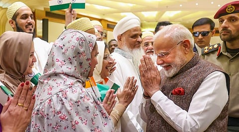 Prime Minister Narendra Modi being welcomed by members of the Indian community upon his arrival, in Kuwait, Saturday, Dec. 21, 2024.