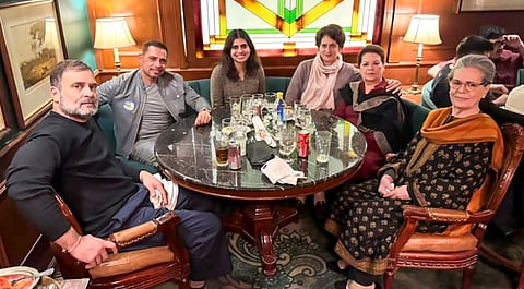 LoP in the Lok Sabha and Congress leader Rahul Gandhi with his mother and Congress Parliamentary Party chairperson Sonia Gandhi, sister and MP Priyanka Gandhi Vadra and brother-in-law Robert Vadra has lunch at Kwality restaurant, Cannaught Place, in New Delhi, Sunday, Dec. 22, 2024.