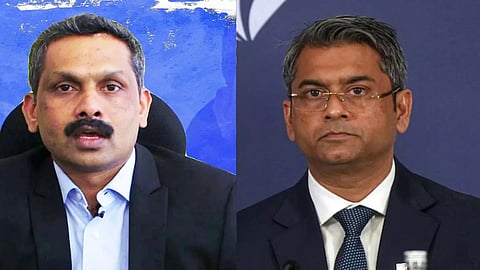 Shaji Prabhakaran (L), the former secretary of the All India Football Federation (AIFF) and AIFF president Kalyan Chaubey (R)