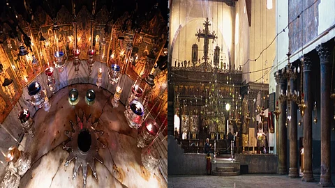 Birth place of Infant Jesus (L) at the Church of Nativity (R), Bethlehem