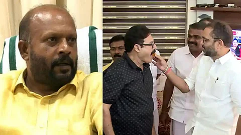 CPI leader V S Sunil Kumar (L) and Thrissur Mayor M K Varghese (R), who receives cake from BJP state president K Surendran