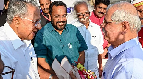 Newly appointed Kerala Governor Rajendra Vishwanath Arlekar, right, being welcomed by Kerala Chief Minister Pinarayi Vijayan, in Thiruvananthapuram, Wednesday, Jan. 1, 2025.