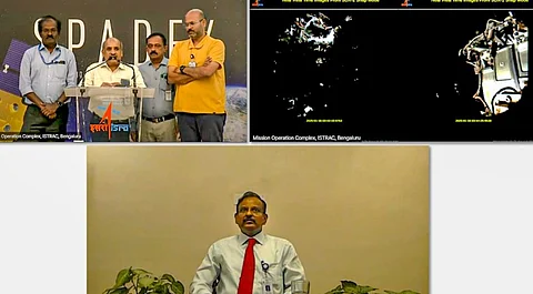 In this combo image released by @isro via X ON Jan. 16, 2025, V. Narayanan, Secretary DOS, Chairman Space Commission and Chairman ISRO, congratulates the team ISRO after the Indian Space Research Organisation (ISRO) successfully docked its SpaDeX satellites in space, making India the fourth country in the world to possess rendezvous, docking, and undocking capabilities.