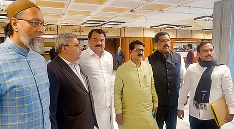 AIMIM MP Asaduddin Owaisi, TMC MP Kalyan Banerjee, and other opposition members after a meeting of the Joint Parliamentary Committee on the Waqf (Amendment) Bill, in New Delhi, Monday, Jan. 27, 2025.