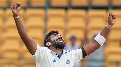 In this Sunday, Oct 20, 2024 file image India's Jasprit Bumrah celebrates during a test cricket match between India and New Zealand at M Chinnaswamy Stadium, in Bengaluru.