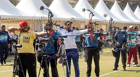 Archers compete during the 38th National Games at Maharana Pratap Sports College in Dehradun, Saturday, Feb. 1, 2025.