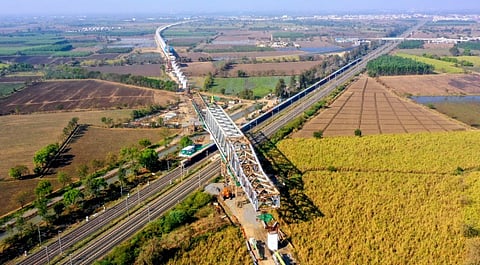 View of a 100m long and 14.3 m wide steel bridge built between Kim and Sayan for the Mumbai-Ahmedabad Bullet Train project, in Surat, Gujarat.