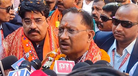 Chhattisgarh CM Vishnu Deo Sai talks to the media on Bijapur Naxalite encounter, in Dhamtari, Sunday, Feb. 9, 2025.