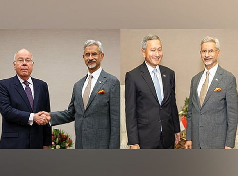External Affairs Minister S Jaishankar on Thursday met his counterparts from Singapore and Brazil and discussed with them global developments and ways to enhance bilateral ties.