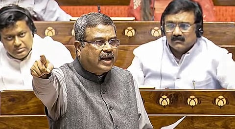 Union Education Minister Dharmendra Pradhan speaks in the Rajya Sabha during the Budget session of Parliament, in New Delhi, Tuesday, March 11, 2025.