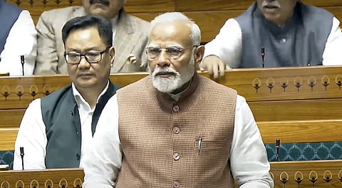 Prime Minister Narendra Modi speaks in the Lok Sabha during the Budget session of Parliament, in New Delhi, Tuesday, March 18, 2025.