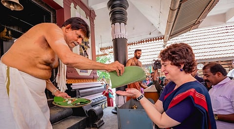 Congress General Secretary & Wayanad MP Priyanka Gandhi visits the Sree Seetha Devi Lava Kusa Temple in Pulpally, Wayanad on Thursday, March 27, 2025.