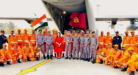 An 80-member team of NDRF prepares to depart for earthquake-hit Myanmar to assist in rescue operations, Saturday, March 29, 2025.