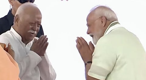 Prime Minister Narendra Modi with RSS Chief Mohan Bhagwat during the foundation stone laying of 'Madhav Netralaya', in Nagpur, Sunday, March 30, 2024.