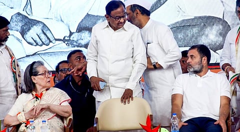 Congress Parliamentary Party Chairperson Sonia Gandhi, LoP in Lok Sabha Rahul Gandhi and senior leader P Chidambaram during the All India Congress Committee (AICC) session at the Sabarmati Riverfront Event Centre, in Ahmedabad, Wednesday, April 9, 2025.