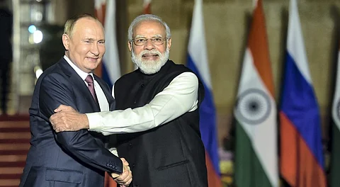 In this Monday, Dec. 6, 2021 file photo, Prime Minister Narendra Modi receives Russian President Vladimir Putin for a meeting at the Hyderabad House, in New Delhi.