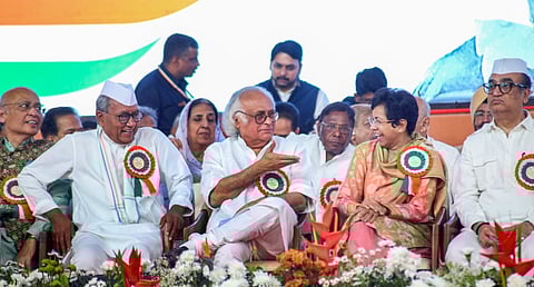 Senior Congress leaders Abhishek Manusinghvi, Digvijaya Singh, Jairam Ramesh, Kumari Selja and Ajay Maken during the All India Congress Committee (AICC) session at the Sabarmati Riverfront Event Centre, in Ahmedabad, Wednesday, April 9, 2025.