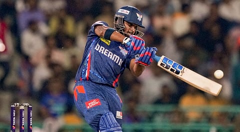 Lucknow Super Giants' Nicholas Pooran plays a shot during the Indian Premier League 2025 T20 cricket match between Lucknow Super Giants and Gujarat Titans at Bharat Ratna Shri Atal Bihari Vajpayee Ekana Cricket Stadium, in Lucknow, Saturday, April 12, 2025.