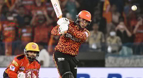 Sunrisers Hyderabad's Abhishek Sharma plays a shot during an Indian Premier League (IPL) 2025 T20 cricket match between Sunrisers Hyderabad and Punjab Kings, at Rajiv Gandhi International Cricket Stadium, Uppal, in Hyderabad, Saturday, April 12, 2025.