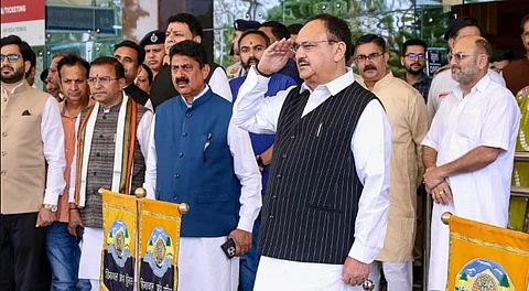 Union Minister JP Nadda being greeted on his arrival in Kangra, Himachal Pradesh.