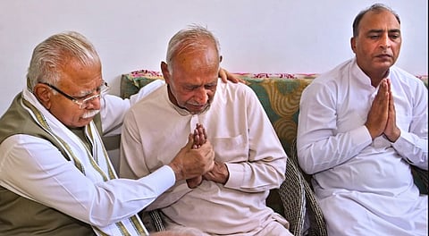 Union Minister Manohar Lal meets family members of Indian Navy officer Vinay Narwal, who was killed in the Pahalgam terror attack, in Karnal, Haryana.
