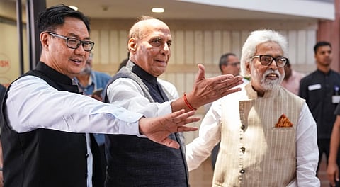 Union Defence Minister Rajnath Singh, Parliamentary Affairs Minister Kiren Rijiju and TMC leader Sudip Bandyopadhyay after attending an all-party meeting over Operation Sindoor, in New Delhi, Thursday, May 8, 2025.