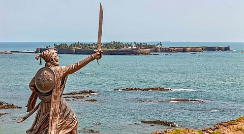 In this image released by @CMOMaharashtra on May 11, 2025, a newly unveiled statue of Chhatrapati Shivaji Maharaj at Rajkot Fort, in Sindhudurg district, Maharashtra.