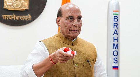 Defence Minister Rajnath Singh virtually inaugurates the BrahMos Aerospace Integration and Testing Facility, as part of an event held in Lucknow, in New Delhi, Sunday, May 11, 2025.