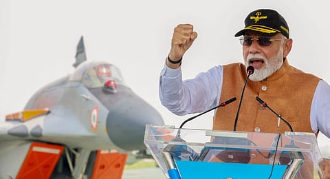 Prime Minister Narendra Modi during a visit at the Adampur air base in Punjab.