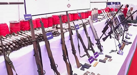 Weapons seized by police after anti-Naxal operations, on display in Bijapur, Chhattisgarh, Wednesday, May 14, 2025.