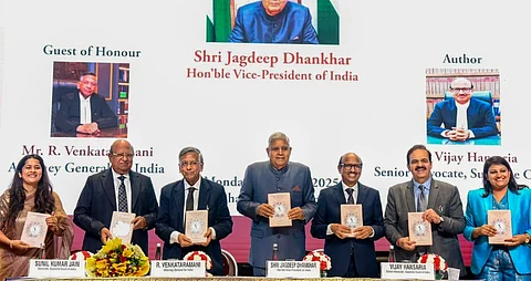 Vice President Jagdeep Dhankhar during the launch of a book titled 'The Constitution We Adopted (with Artworks)', edited by Vijay Hansaria, senior advocate of Supreme Court, in New Delhi.