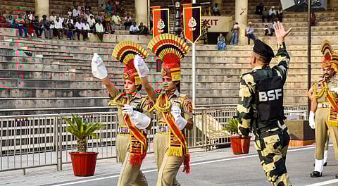BSF personnel during a retreat ceremony at the Attari-Wagah border, near Amritsar, Tuesday, May 20, 2025.