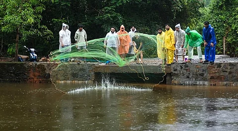 People catch fish in Conolly Canal amid monsoon rain, in Kozhikode, Kerala, Monday, May 26, 2025