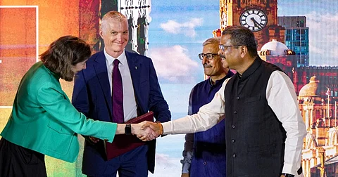 Union Education Minister Dharmendra Pradhan shakes hands with British High Commissioner to India Lindy Cameron.