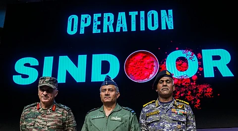 Director General of Military Operations (DGMO) Lt General Rajiv Ghai with Air Marshal AK Bharti and Vice Admiral AN Pramod during a press conference on 'Operation Sindoor', in New Delhi, Monday, May 12, 2025.