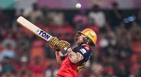 Royal Challengers Bengaluru's Phil Salt plays a shot during the Indian Premier League (IPL) 2025 Qualifier 1 cricket match between Punjab Kings and Royal Challengers Bengaluru, in New Chandigarh, Thursday, May 29, 2025.