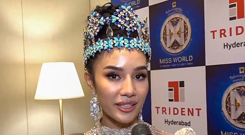 Thailand's Opal Suchata Chuangsri talks to the media after she was crowned Miss World 2025, in Hyderabad, Saturday, May 31, 2025.