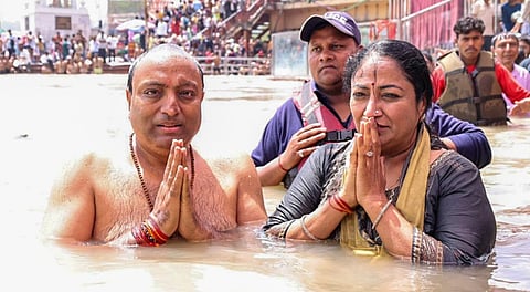 Delhi Chief Minister Rekha Gupta takes a holy dip in the Ganga river at Har Ki Pauri, in Haridwar, Uttarakhand.