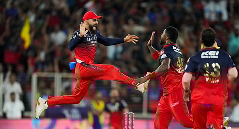 Royal Challengers Bengaluru's Romario Shepherd celebrates with Virat Kohli after taking the wicket of Punjab Kings' captain Shreyas Iyer during the Indian Premier League (IPL) 2025 T20 final .