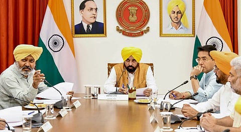 Punjab Chief Minister Bhagwant Mann during a cabinet meeting, in Chandigarh.