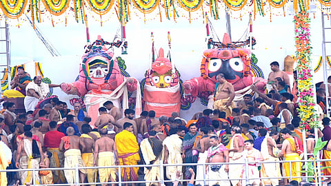 On the occasion, three deities - Lord Jagannath, Lord Balabhadra and Devi Subhadra - were brought to the 'Snana Mandap' (bathing altar) with ceremonial ‘pahandi' (procession), officials of the Shree Jagannath Temple Administration (SJTA) said.