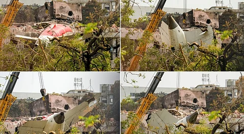 Combo image shows wreckage of the crashed Air India plane being lifted through a crane, in Ahmedabad, Gujarat, Saturday, June 14, 2025.