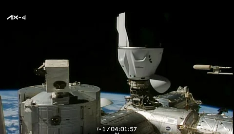 In this screengrab from a video posted by @SpaceX via X on June 26, 2025, Dragon spacecraft with India's Shubhanshu Shukla and three other astronauts onboard during its docking with the International Space Station, as part of the Axiom-4 mission.