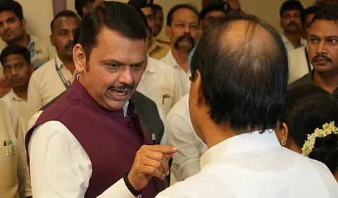 Maharashtra Chief Minister Deevendra Fadnavis, Deputy CM Ajit Pawar and others during the traditional high tea event of the state government ahead of the Monsoon session of the Maharashtra Assembly, in Mumbai, Sunday, June 29, 2025.